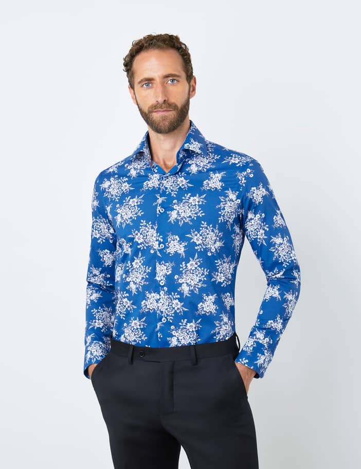 Men's Mini Roses Relaxed Slim Fit Shirt in Blue/White | Hawes& Curtis