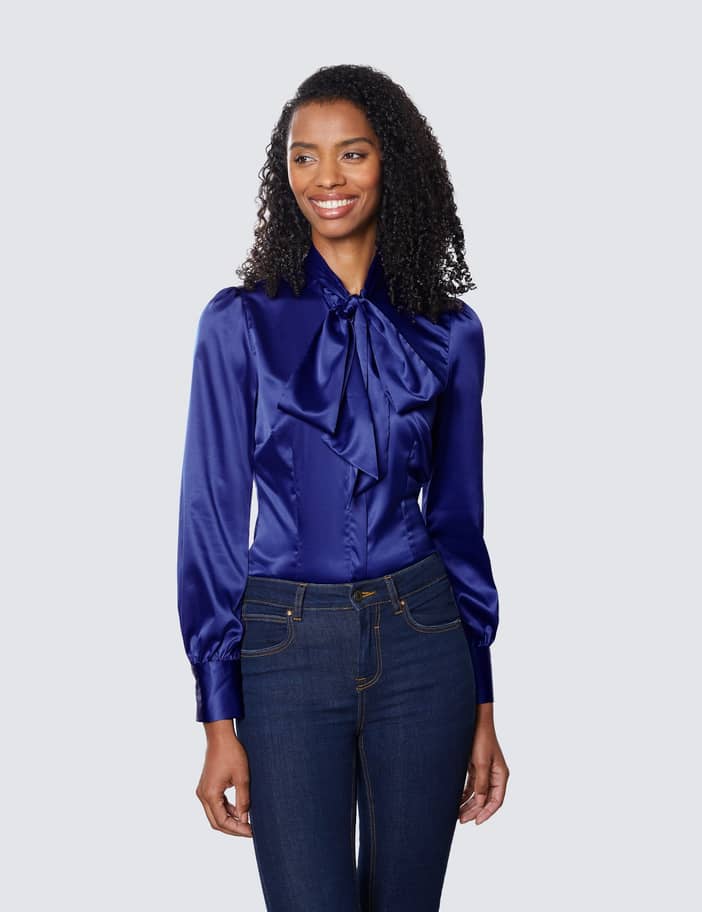 Women's Royal Blue Fitted Luxury Satin Pussy Bow Blouse in Royal/Blue