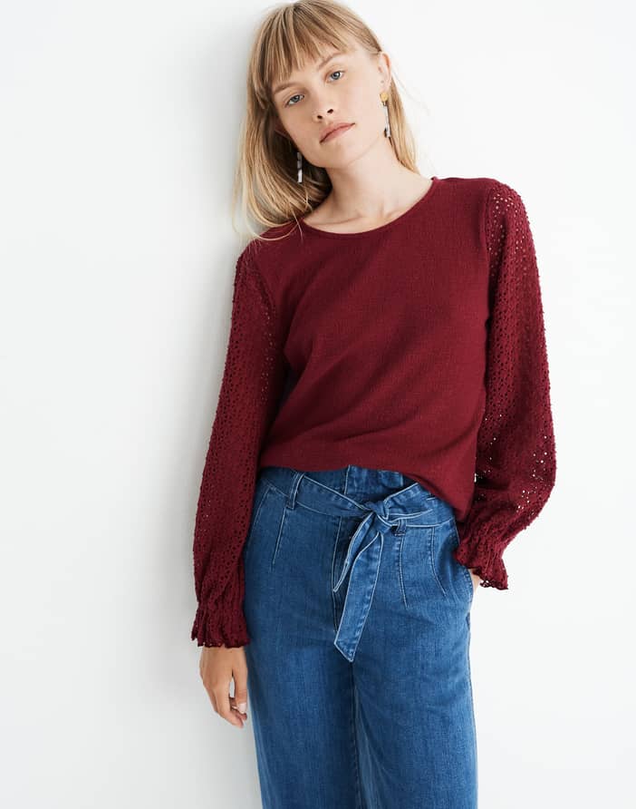 Texture & Thread Eyelet Mix Ruffle-Sleeve Top | Madewell