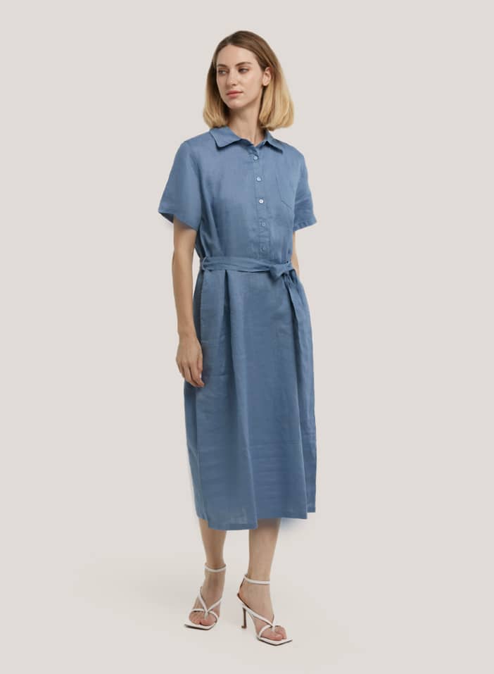 Belted Knee Length Shirt Dress, Blue